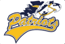 Image of the word "Patriots" in blue and gold, and a cartoon patriot riding a horse behind it.